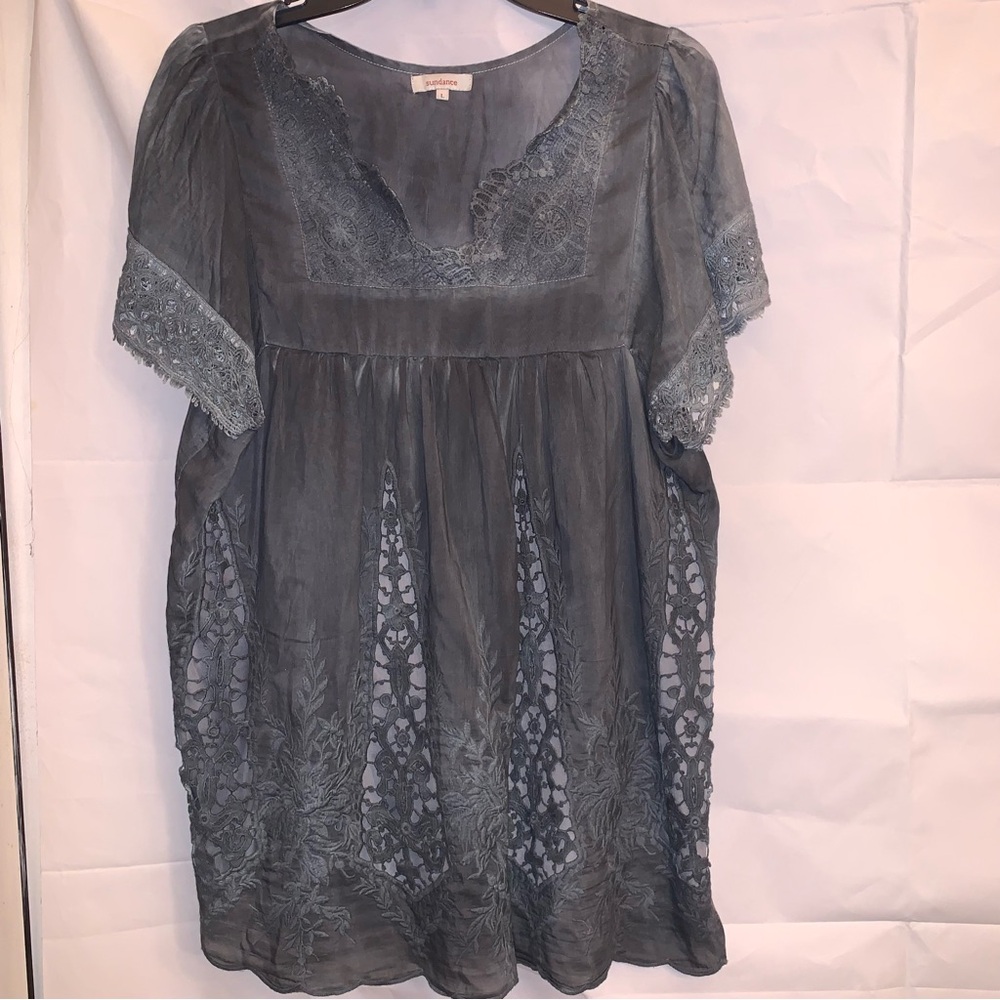 Sundance Sun-washed Grey Lace Crochet Blouse Bohemian-style Babydoll Top Large